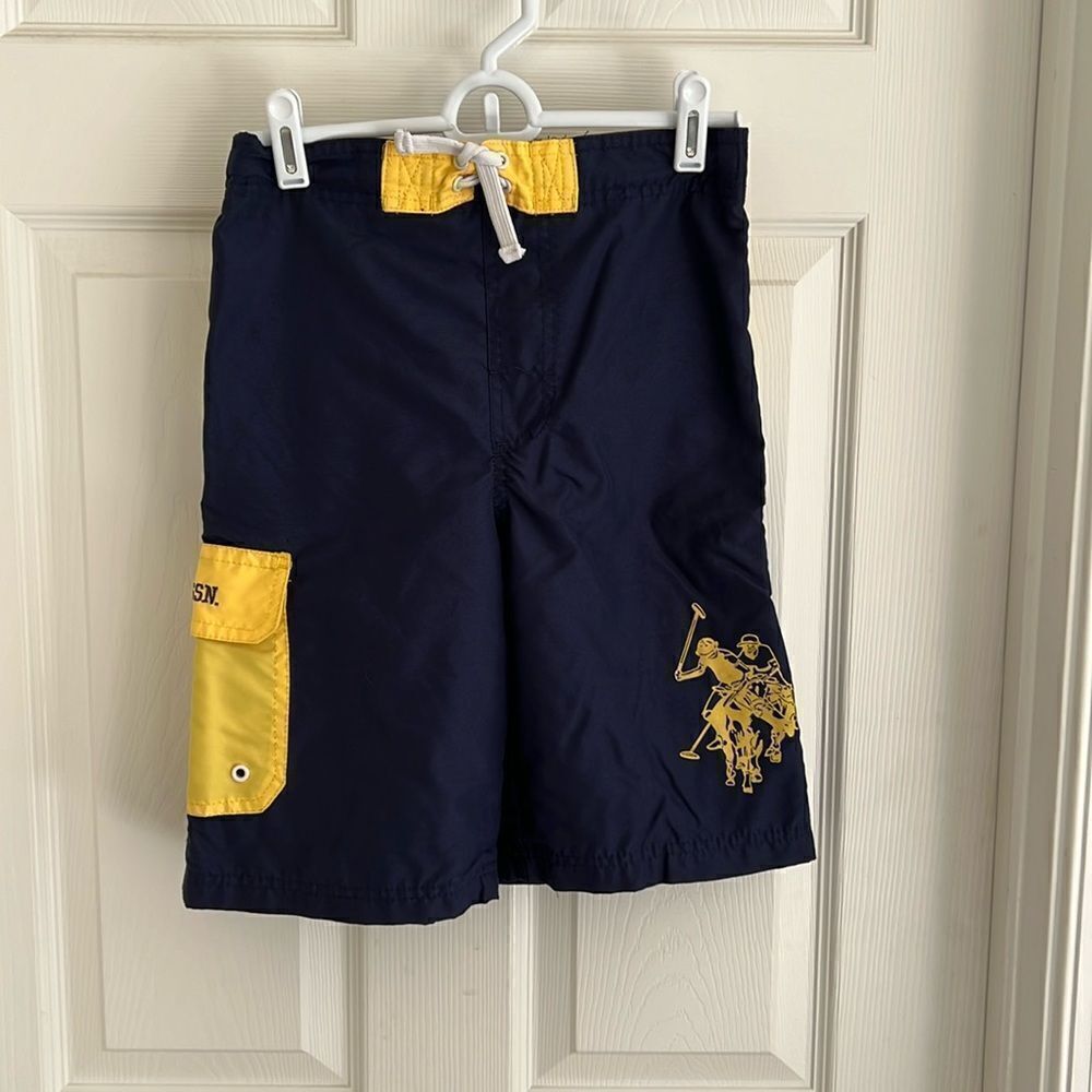 U.S. Polo Assn. youth boys size 10/12 blue/yellow swim trunks.